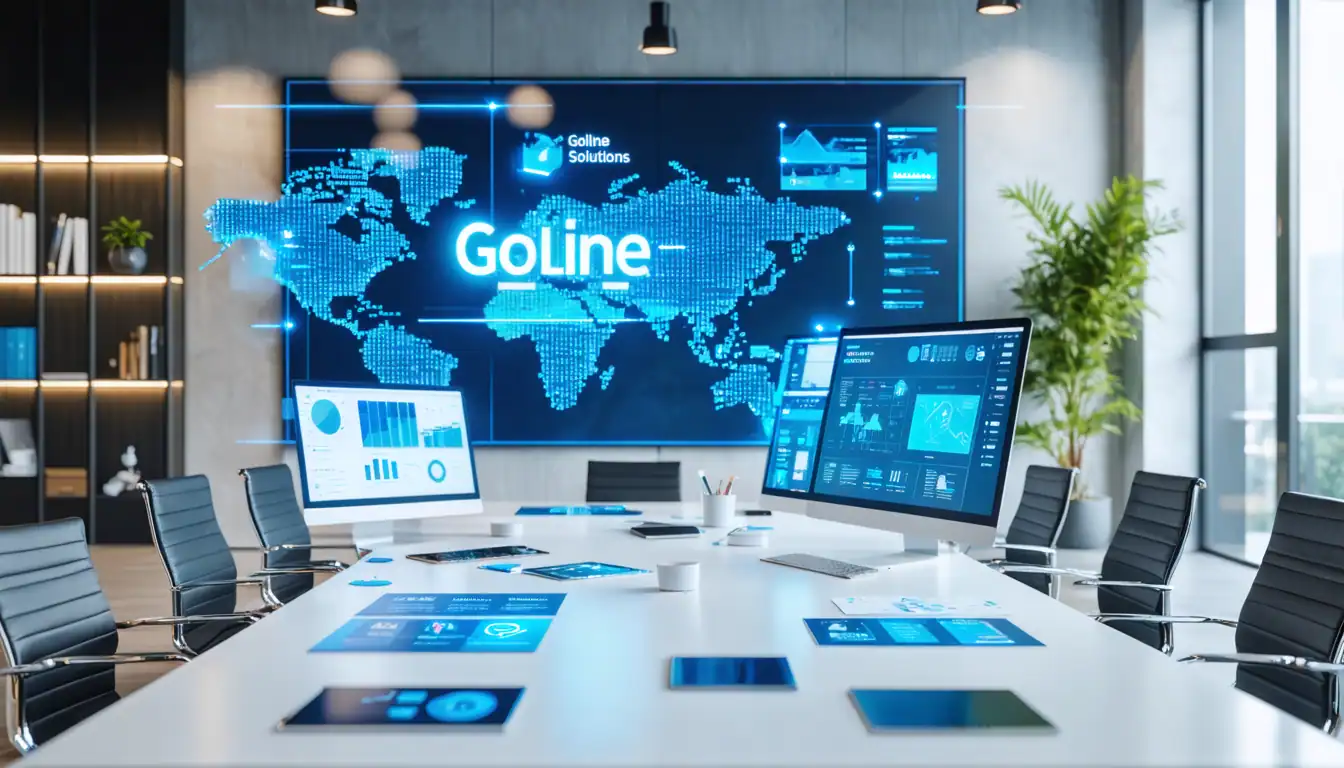 Modern conference room with digital screens displaying Goline Solutions data.